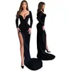 Robes de bal noires élégantes manches longues robe de soirée de soirée cuisse fente gaine tapis rouge robe de demoiselle d'honneur invité