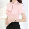 Dames blouses dames zomer Koreaanse ronde nek korte mouw stevige kleur blouse boog elegant kantoor dame mode temperament slanke chiffon
