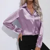 Kvinnors blusar Autumn Long Sleeve Satin Blue Women Solid Button Up Elegant Shirts For Fashion Office Casual Tops Female Clothing 29730