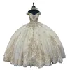 Robes de Quinceanera en tulle à paillettes champagne scintillantes avec des appliques en dentelle sur l'épaule longue robe de bal occasion robe de bal élégante robe douce 16 pour les filles