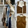 Kadın Ceketleri Kahverengi Patchwork Cep Kürk Teddy Coats Sonbahar Kolsuz Kalın Kapalı Düğme Cardigan Yelek 2023 Kadın Gevşek Sokak