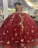 Sparkle cekiny quinceanera sukienka 2023 Charro Mexican Prom Quince Sweet 15/16 Girl Birthday Party Suknia Vestido de 15 Anos 3D Butterfly Floral Lace Applique Corset Red Red