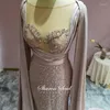 Robes de soirée luxe dubaï sirène longue robe de soirée avec Cape manches élégant kaki perlé bal formel pour les femmes robes de mariée