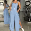 Jumpsuits voor dames rompers zomer mode dames mouwloze jumpsuit rompers dames vaste katoenen linnen wijd been knopopeningen lange broek Suspenders 230404