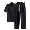 Tracksuits voor heren shirt broek Summer Men shirt man katoen en linnen shirts korte mouw heren casual shirts mannen een set kleding m-5xl 230404