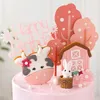 Cake Tools Pink Children's Birthday Topper Soft Pottery Ornament Ccute Cartoon Cow Plug-In harts Bakning Happy Party Decoration