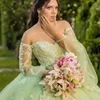 Wunderschönes schulterfreies Quinceanera-Kleid mit Pailletten in Salbeigrün, Ballkleid, Sweep-Zug, Applikationen, Tüll, Prinzessinnen-Party-Abschlussballkleid