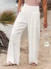 Damenhose Caprihose Frühling Sommer Baumwolle Leinen Stil Frauen Lose Lange Hose Freizeit Solide Hohe Taille Geraffte Strandhose mit Weitem Bein und Tasche 230404