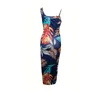Sıradan Elbiseler Tatil Bodycon Maxi Elbise 2023 Yaz Spagetti Kayış Kadınlar Plaj Yaprak Baskı Sokak Giysesi Yüksek Bölünmüş Drawstring