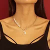 Gold Color Pearl Necklace for Women 14K Gold Plated Moon Pendant Choker Toggle Clasp Dainty Pearl Chain Necklace Gold Jewelry Gifts