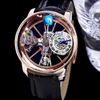 BZF Astronomia Tourbillon Swiss Quartz Mens Watch Rose Gold Steel Case Skeleton 3D Globe Dial Won't Spin Brown Leather 283336