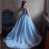 Abiti da ragazza Blu maniche lunghe Colletto tondo Abito a fiori Principessa Matrimonio Compleanno Moda Comunione Battesimo Festa