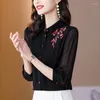 Women's Blouses Embroidery Flowers Long Sleeved Chiffon Elegant Shirt Blouse 2023 Top Stylish Black Lapel