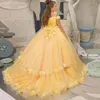 Vestidos de niña Apliques amarillos en 3D Vestido de flores de tul esponjoso para bodas Vestidos elegantes de fiesta de cumpleaños de primera comunión para niños pequeños