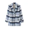 Women's Suits Blue Plaid Woollen Blazer Suit Mature Women Office Casual Commute All-Match Formal Clothing Lady Temperament Coat