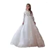 Robes de fille robe à fleurs blanc moelleux queue de Tulle à manches longues avec des autocollants floraux mariage enfant Communion fête d'anniversaire