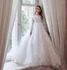 Mädchenkleider Blumenkleid Weiß Flauschiger Tüllschwanz Langärmelig Mit Blumenaufklebern Hochzeit Kind Kommunion Geburtstagsfeier