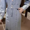 Robes décontractées femmes printemps col rabattu Denim sirène longue robe manches mince taille élastique simple boutonnage Cowboy queue de poisson