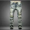 Zerrissene Herrenjeans, ausgefranst, männlich, zerstört, schlanke Biker-Jeans, lässige, schmale Löcher, Jeanshosen, gewaschene gelbe Farbe, Swag-Overalls, Hosen 223L