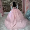 2023 Pink Quinceanera Dresses 3d Floral Lace Applique pärlstav älskling halsringning svep tåg tyll skräddarsydd söt 15 16 prinsessan pageant boll klänning vestidos