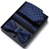 Bow Ties Men Formal Dress Suit NeckTie Hanky Cufflink Tie Set Silk Striped Party Groom Wedding Butterfly Bowtie In Gift Box Package