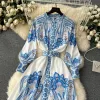 Basic Casual Women Dresses 2024 Spring Runway Holiday Linen Dress Women Stand Collar Long Lantern Sleeve Vintage Print Buttons Up Belt Maxi Robe Vestidos