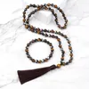 Necklace Earrings Set Natural 6 8MM Irregular Black Gallstone Tiger Eye Beaded Bracelet Tibetain Prayer Healing Tassel Bangle Jewelry