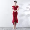 Lässige Kleider Elegante weinrote Baumwolle Schulterfrei Sexy Promi-Partykleid Knielanger Nachtclub Frau Slim Maxi Vestidos