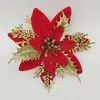 Fleurs décoratives 5 pièces 14 cm paillettes de noël artificielles rouge or fleur tête baie bricolage décorations d'ornement d'arbre de noël pour l'année à la maison
