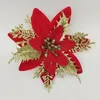 Dekorativa blommor 5st 14 cm jul glitter konstgjorda rött guldblomma huvud bär diy xmas träd prydnadsdekorationer för hemåret år