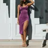 Casual Dresses Ladies Summer Sling Swing Collar Ruched Sexy Midi Fashion High-waist Solid Slit Slim Women Club Cocktail Party Dress
