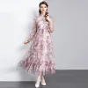 Grundläggande casual kvinnliga klänningar Runway Fashion Elegant Summer Long Dress Women Long Sleeve Mesh Tryckt Ruffled Beach Holiday Slim Party Maxi Vestidos 2024