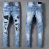 Luxury Mens Jeans Rhinestone Crystal Patchwork Light Blue Ripped Jeans Skinny Stretch Denim Pants Hip Hop Men279e