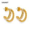 Stud Earrings 2023 Double Layers Stacked Pearl Hoop For Women Gold Plated Stainless Steel Chunky Statement Party Earring