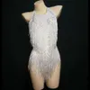 Abbigliamento da palco Strass scintillanti Tuta con nappe bianche Donna Vestito sexy da club Costume da ballo con frange Costume intero da spettacolo CantanteStag285I