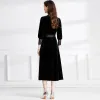 Basic Casual Dresses Runway 2024 Runway Designer Velvet Party Dress Women Ruffles V-Neck Lace Patchwork Sleeve Vintage Black Pockets Sashes Long Vestidos