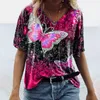 Camisetas femininas Mulheres impressas de borboleta Manga de borboleta solta impressão casual tingimento de tingimento de mulheres tops moda fêmea ao ar livre