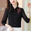 Women's Blouses Embroidery Flowers Long Sleeved Chiffon Elegant Shirt Blouse 2023 Top Stylish Black Lapel