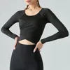 Chemises actives automne vêtements de Yoga plissés croisés femmes séchage rapide à manches longues respirant Fitness culture hauts vêtements de sport de course Mujer