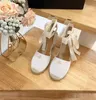 Retro milieu linnen geweven dameskleding designer sandalen mode echte lederen lint helling hoge hakken show feest strand jurk schoenen 35-41