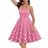 Casual Dresses Women Cute Pink Plaid Sleeveless Dress Halter Neck Backless A Line Midi Cosplay Doll