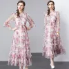 Grundläggande casual kvinnliga klänningar Runway Fashion Elegant Summer Long Dress Women Long Sleeve Mesh Tryckt Ruffled Beach Holiday Slim Party Maxi Vestidos 2024