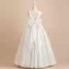 Girl Dresses White Sleeveless V-neck A-line Tulle Bow Flower For Wedding 2023 Princess Kids Pageant First Communion Gowns