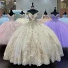 Robes de Quinceanera en tulle à paillettes champagne scintillantes avec des appliques en dentelle sur l'épaule longue robe de bal occasion robe de bal élégante robe douce 16 pour les filles