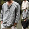 Mens TShirts DIHOPE Cotton Linen Drawstring T Shirt V Neck Blouse Solid Color Long Sleeves Casual Cool Tops Costume For Men S3XL 230404