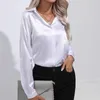 Kvinnors blusar Autumn Long Sleeve Satin Blue Women Solid Button Up Elegant Shirts For Fashion Office Casual Tops Female Clothing 29730