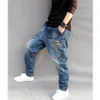 Pantaloni mimetici patchwork Harem da uomo Pantaloni casual larghi in denim larghi Pantaloni hip-hop Pantaloni blu Pantaloni uomo Vestiti Plus Size1236V