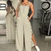 Jumpsuits voor dames rompers zomer mode dames mouwloze jumpsuit rompers dames vaste katoenen linnen wijd been knopopeningen lange broek Suspenders 230404