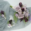 Fiori nuziali Bouquet artificiale viola scuro per la sposa Rose di seta Decorazioni per il ballo della damigella d'onore