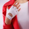 Gants sans doigts en cuir véritable pur peau de mouton blanc rouge demi-doigts moteur danse de rue Rock Punk demi-doigt femme TB74